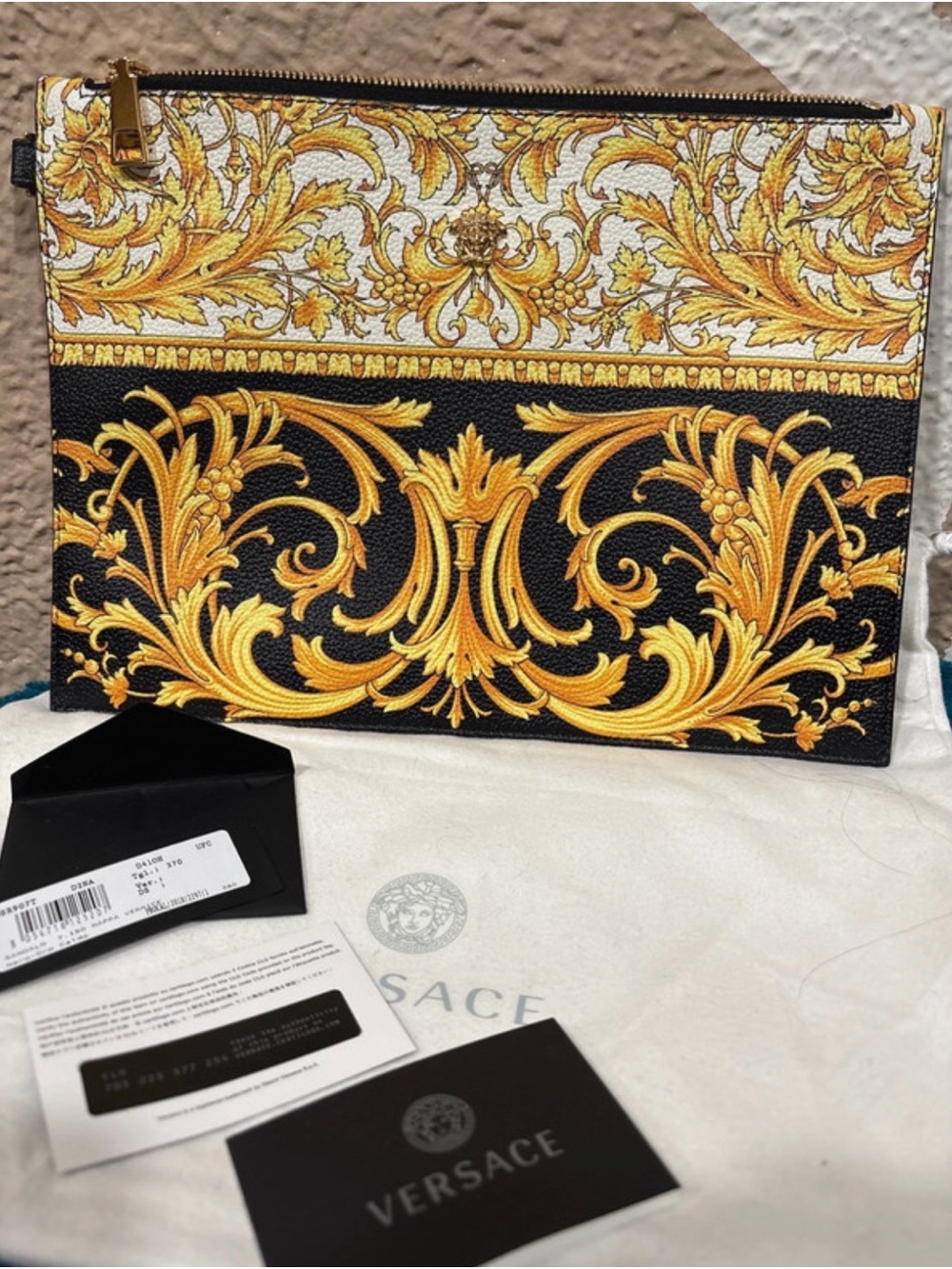 Authentic Versace Barocco Heritage Print Leather Pouch / Clutch - New
